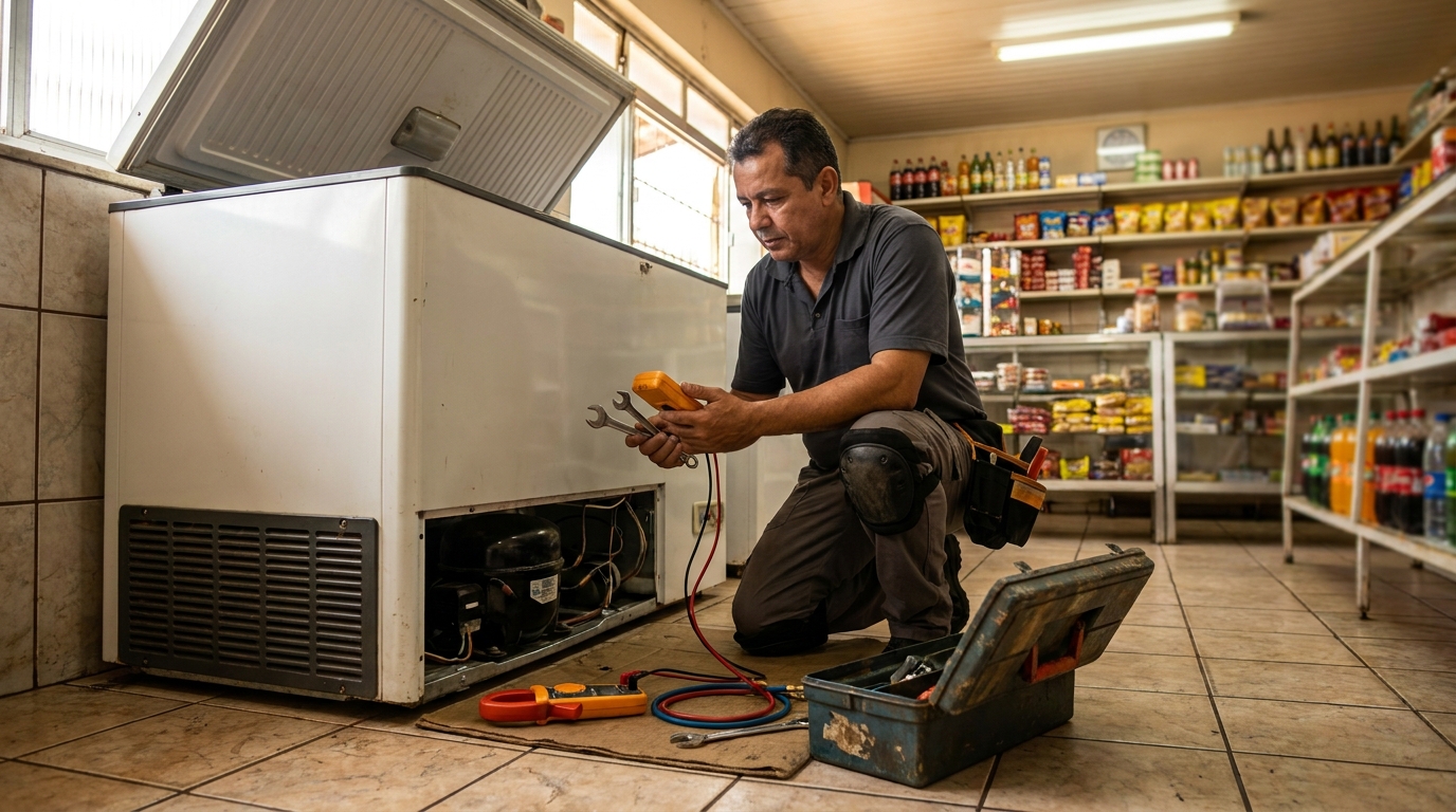 Técnico realizando manutenção de motor de freezer no Poço, Maceió‑AL
