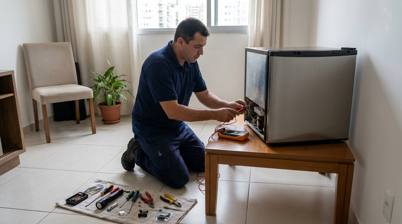Técnico realizando manutenção de motor de frigobar no Bebedouro, Maceió‑AL