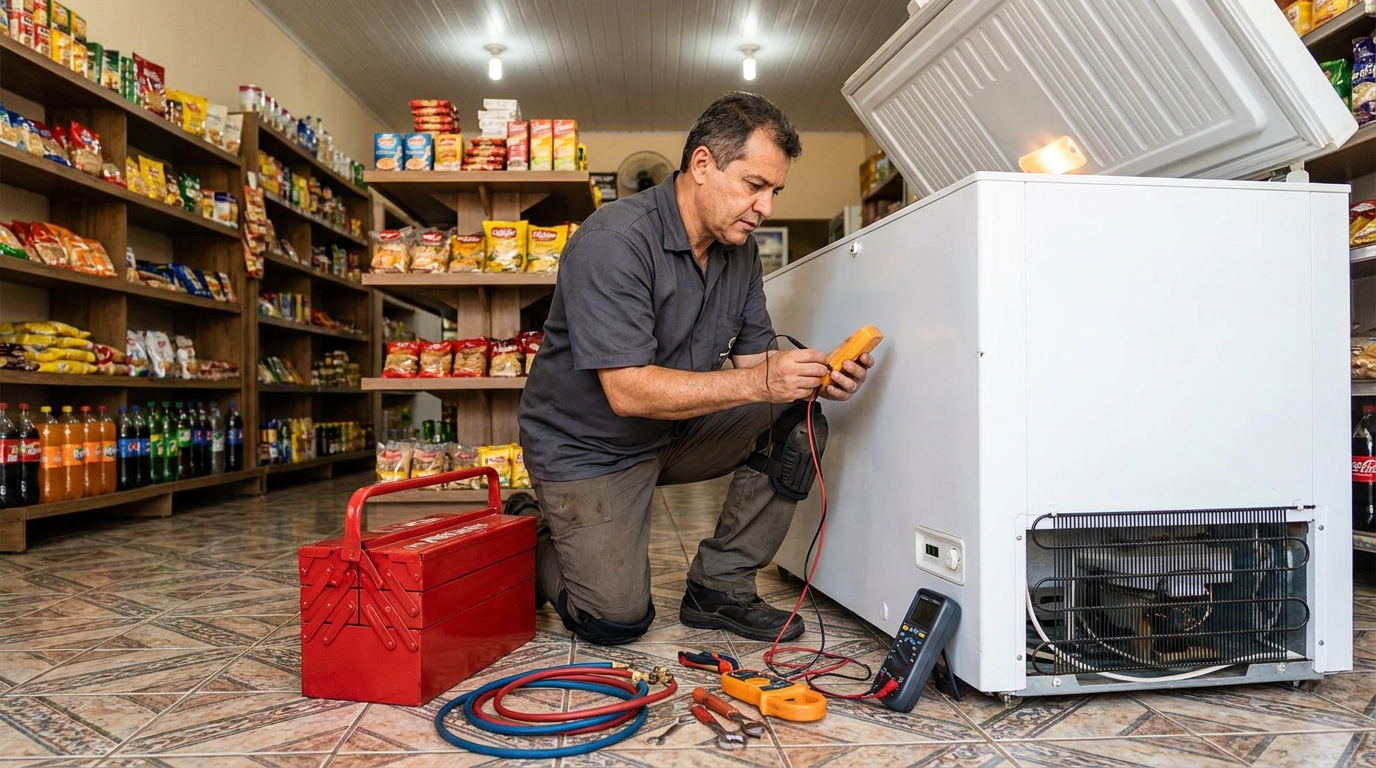 Recarga de gás refrigerante em freezer em atendimento no Poço, Maceió‑AL