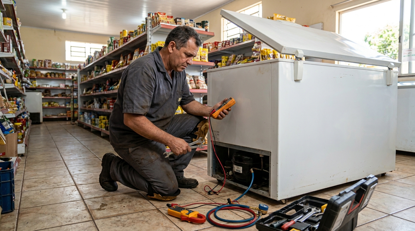 Troca de termostato de freezer em atendimento técnico no Poço, Maceió‑AL